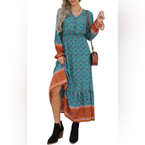 Dresses & Skirts - Boho Teal and Rust Floral Maxi Dress - Women-See Images! Slightly different.